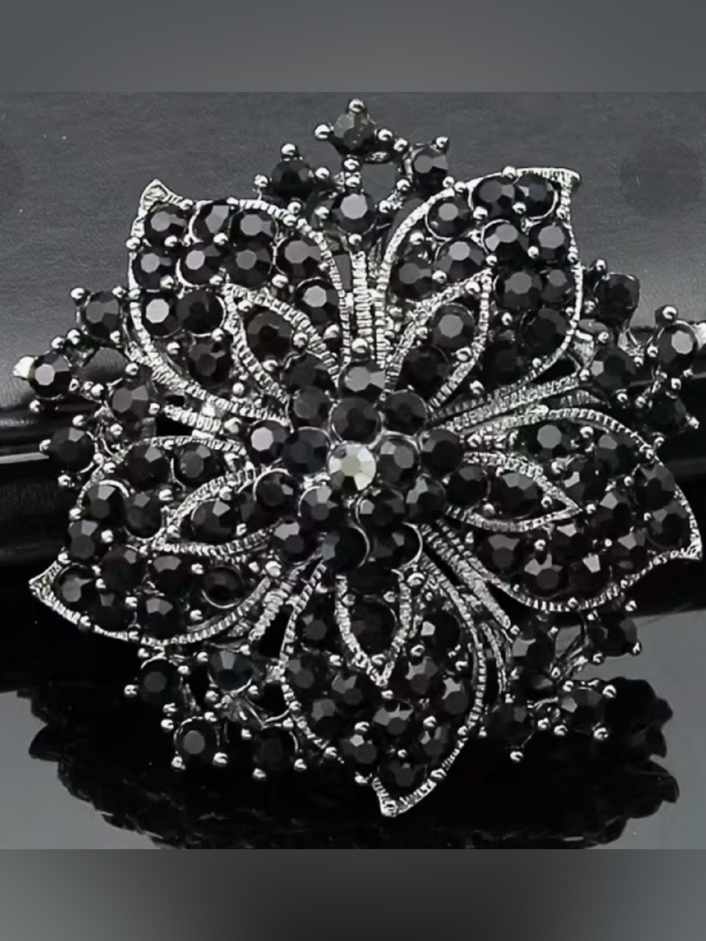 Black Crystal Flower Brooch New